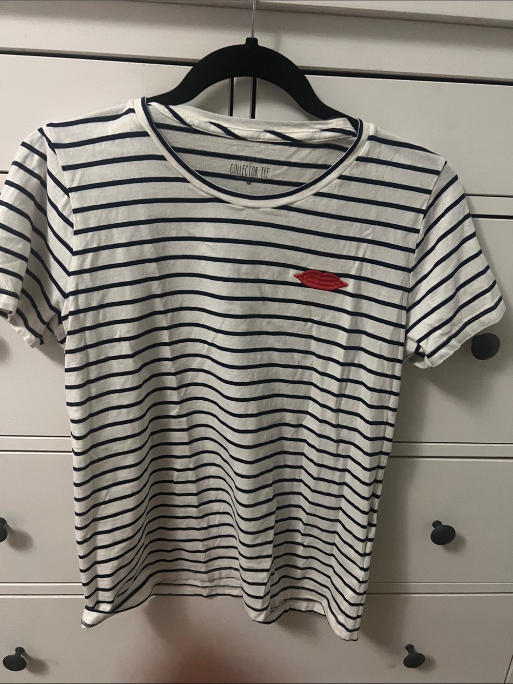 J. Crew White Navy Striped Short Sleeve Tee with Red Patch